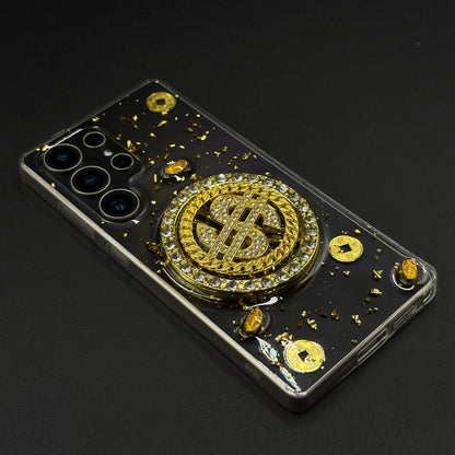 Luxury Rotating Dollar Case for Samsung Galaxy S25 Ultra | Gold Bling Coin Design with Beaded Wrist Strap