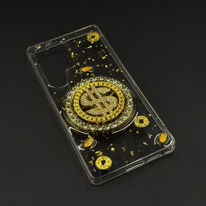 Luxury Rotating Dollar Case for Samsung Galaxy S25 Ultra | Gold Bling Coin Design with Beaded Wrist Strap