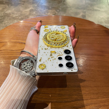 Luxury Rotating Dollar Case for Samsung Galaxy S25 Ultra | Gold Bling Coin Design with Beaded Wrist Strap